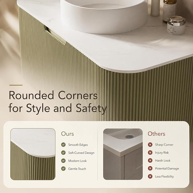 36 Inch Bathroom Vanity with Sink, Floating Wall Mounted Single Sink Vanity, Sage Green Curved Fluted Front, Stone Top, Pure White Round Vessel Basin, Pre-Assembled