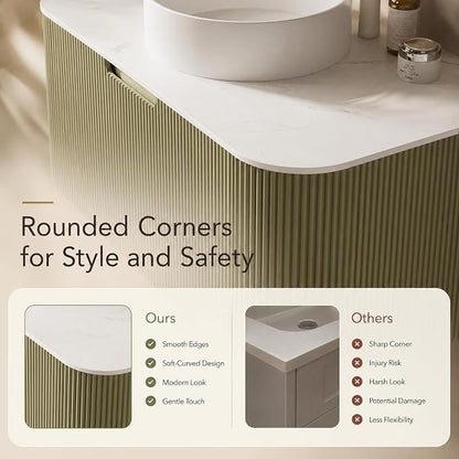 36 Inch Bathroom Vanity with Sink, Floating Wall Mounted Single Sink Vanity, Sage Green Curved Fluted Front, Stone Top, Pure White Round Vessel Basin, Pre-Assembled