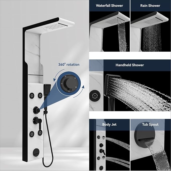 ELLO&ALLO Shower Panel Tower System with Shelf, Rainfall Shower Head and Rain Massage System with Body Jets, Stainless Steel Bathroom Fixtures, Marble&Black