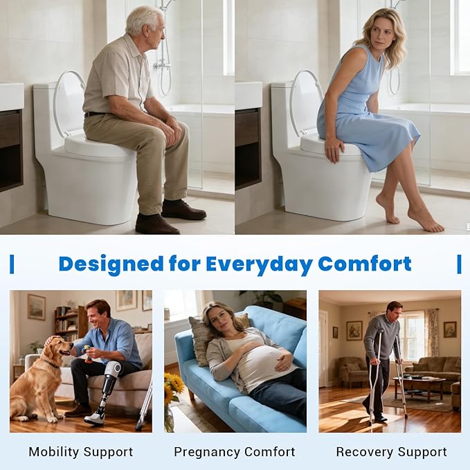 Elongated Raised Toilet Seat for Seniors, 3" Height, Heavy Duty Slow Close Elevated Toilet Seat with Never Loosen Hinges, Fits Most Elongated Toilets (White 18.5") (Raised Toilet Seat)