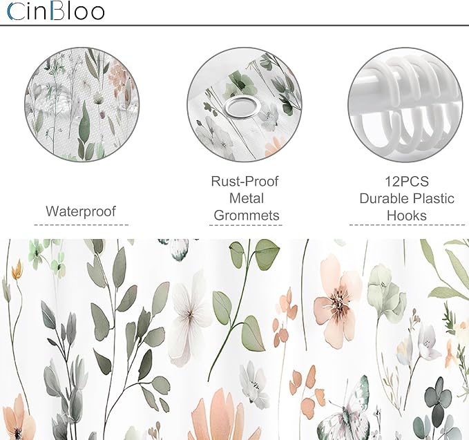 Cute Green Pink Floral Stall Single Wildflower Bathroom Shower Curtain Set | 54"W x 78"H Watercolor Boho; waterproof HD print, quick-dry fabric and plastic hooks for easy setup.