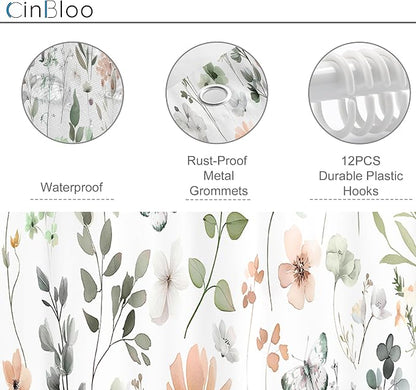 Cute Green Pink Floral Stall Single Wildflower Bathroom Shower Curtain Set | 54"W x 78"H Watercolor Boho; waterproof HD print, quick-dry fabric and plastic hooks for easy setup.