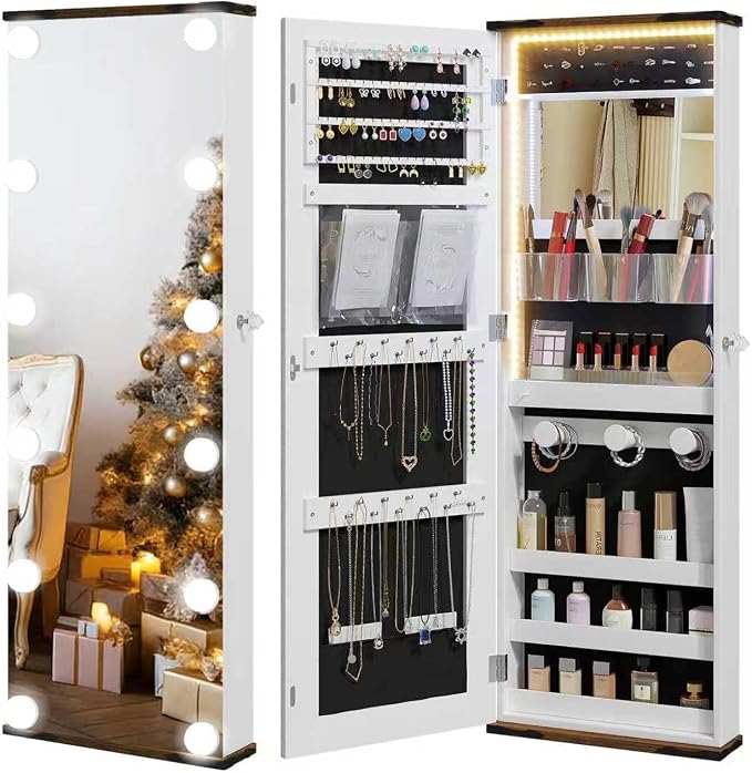 Dystler Over the Door Jewelry Cabinet with Mirror, 12 Hollywood Bulbs, Lock | 72 Earring Slots & 24 Necklace Hooks, Velvet Interior, Hanging Door or Wall Mount, 3-Color LED Lights,Girls, Women Ideal Gift