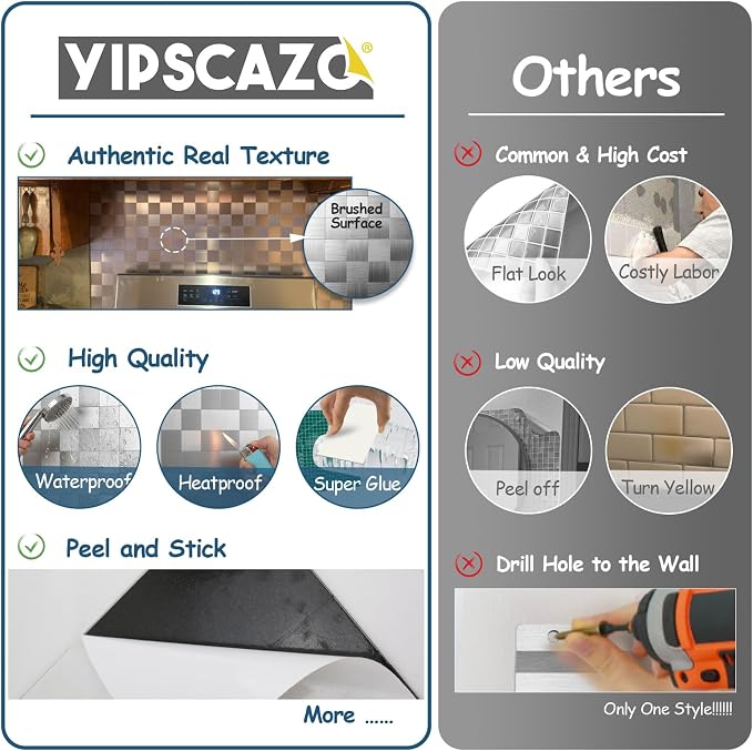 Yipscazo 10 Sheet Peel and Stick Backsplash Mosaic Tiles Stainless Steel Metal Look Kitchen Backsplash Stick on Tiles for Stove, Bathroom, Laundry in Silver (11.8'' x 11.8'')