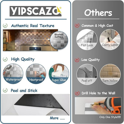 Yipscazo 10 Sheet Peel and Stick Backsplash Mosaic Tiles Stainless Steel Metal Look Kitchen Backsplash Stick on Tiles for Stove, Bathroom, Laundry in Silver (11.8'' x 11.8'')