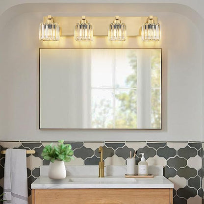 Gold Crystal Bathroom Vanity Lights, 4 Lights Bathroom Lighting Fixtures Over Mirror Modern Gold Crystal Bath Wall Light with Square Shade