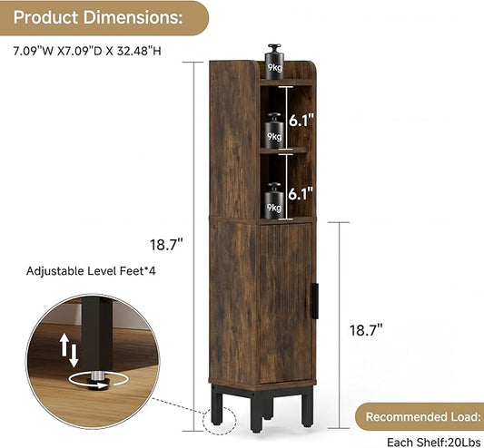 Small Bathroom Storage Cabinet, Corner Narrow Toilet Paper Floor Cabinet with Door and Shelves,Bathroom Organizer with Adjustable Shelf, for Small Spaces (Rustic Brown, 4-Tier)