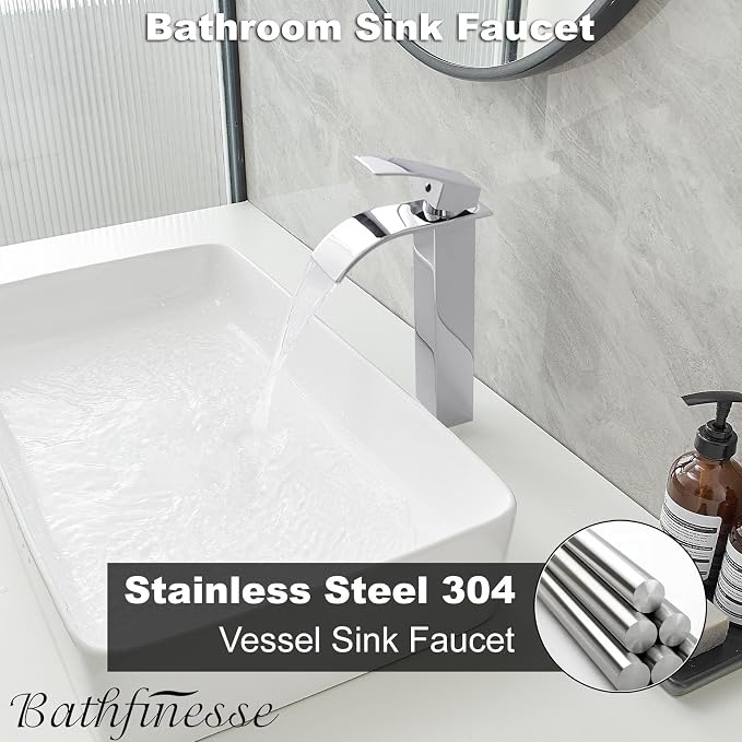 Chrome Bathroom Faucet Waterfall Vessel Sink Faucet Modern Stainless Steel | Single Handle One Hole Deck Mount,Bowl Vanity Sink Faucet,with Pop-up Drain Assembly and Supply Line,Lead-Free by Bathfinesse