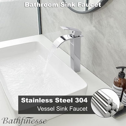 Chrome Bathroom Faucet Waterfall Vessel Sink Faucet Modern Stainless Steel | Single Handle One Hole Deck Mount,Bowl Vanity Sink Faucet,with Pop-up Drain Assembly and Supply Line,Lead-Free by Bathfinesse