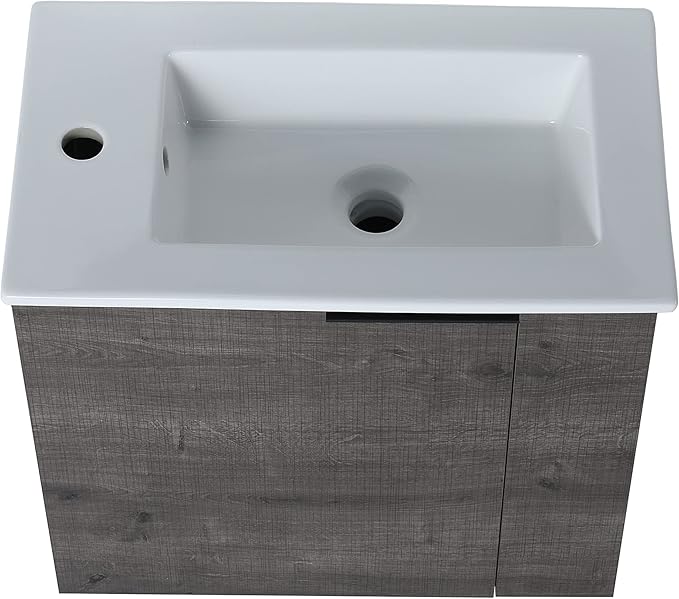 22" Floating Bathroom Vanity with Sink, Mordern Grey Vanity Combo for Small Bathroom, Single Bath Wall Mounted Cabinet Side for Narrow Space, 1 Door and 1 Ceramics Basin. (002-Plaid Grey Oak, 22 * 13)