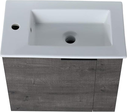 22" Floating Bathroom Vanity with Sink, Mordern Grey Vanity Combo for Small Bathroom, Single Bath Wall Mounted Cabinet Side for Narrow Space, 1 Door and 1 Ceramics Basin. (002-Plaid Grey Oak, 22 * 13)