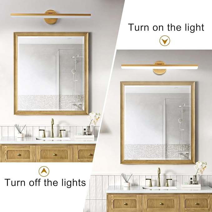 Modern Gold Bathroom Vanity Light Fixtures - 24inch Rotatable LED Vanity Lights for Modern Bathroom Wall Sconce Lighting (White Light 6000K)
