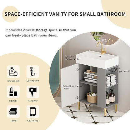 22" Small Bathroom Vanity with Sink, Morden Bathroom Vanities with Soft-Close Door and Open Shelf, Freestanding Narrow Vanity for Compact Space-Saving Bathrooms (Gray,22" Freestanding Right Shelf)