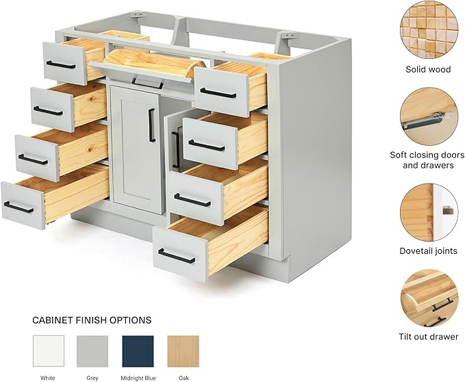 ARIEL Hepburn 42-inch Bathroom Vanity Base Cabinet,Solid Wood, 2 Soft Closing Doors, 9 Dovetail Drawers, Grey