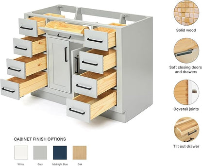 ARIEL Hepburn 42-inch Bathroom Vanity Base Cabinet,Solid Wood, 2 Soft Closing Doors, 9 Dovetail Drawers, Grey