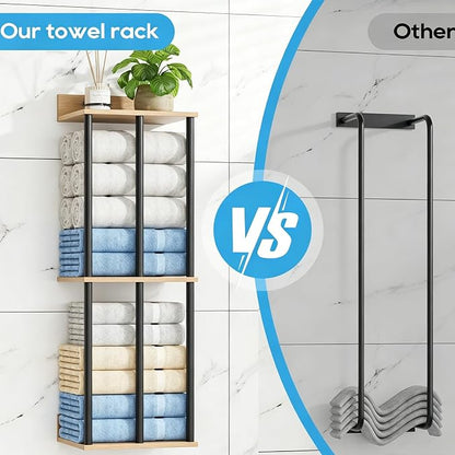 Towel Racks for Bathroom Wall Mounted with Wooden Storage Shelf | Updated 3 Bar Metal Towel Holder for Rolled Towels, Sturdy and Large Capacity, Towel Storage Organizer