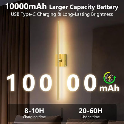 Eneru Battery Operated Wall Sconce 1 Pack, Gold Wireless Wall Light 31.5in | Rechargeable 10000mAh, Touch and Remote Control, 360° Rotate, 4CCT Dimmable, Wall Lamp for Living Room Bedroom Hallway
