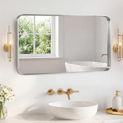 Sweetcrispy Bathroom Mirror 48x30 Inch, Vanity Mirror for Wall | Metal Framed Rounded Rectangle, Over Sink, Farmhouse Restroom, Anti-Rust, Horizontal or Vertical Hanging, Silver