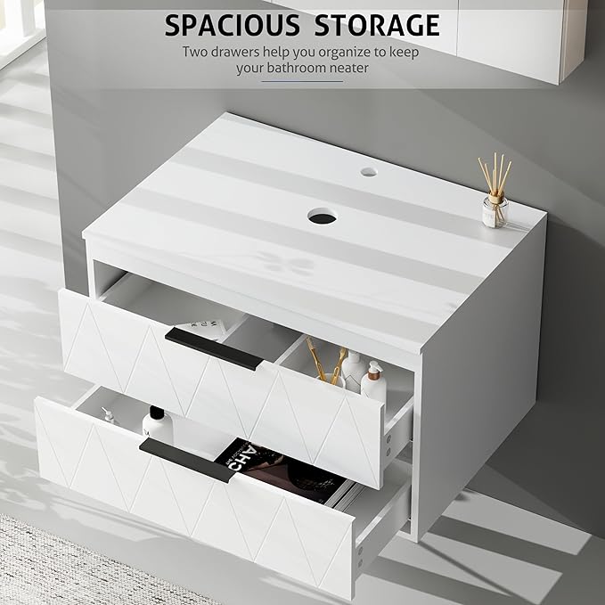 eclife 30" Floating Bathroom Vanities with Sink Combo, Wall Mounted Modern Cabinet W/Diamond Line Pattern Design, Brown Round Glass Vessel Sink W/Water Save Faucet & Pop Up Drain, White