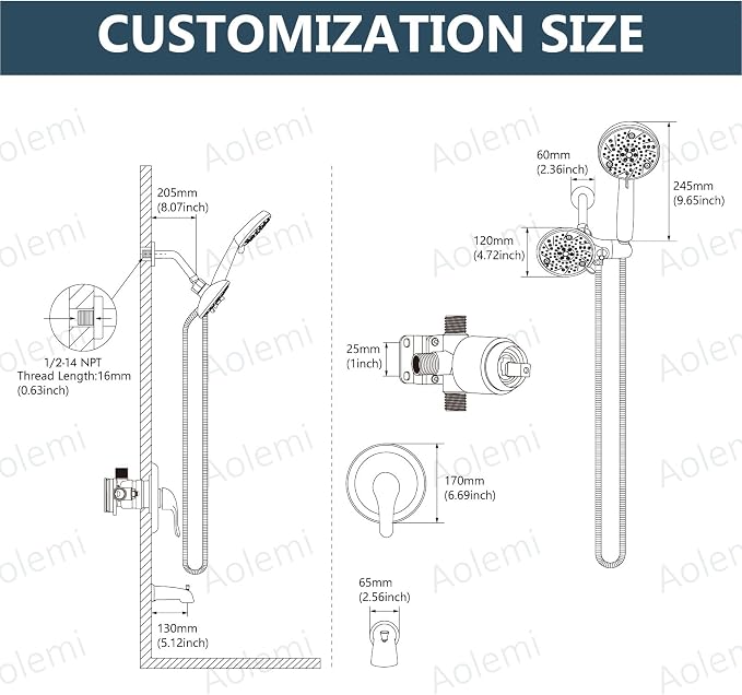 Aolemi Tub Shower Faucet Set Dual 8 Mode Head Valve Kit Brushed Gold | Valve and Trim Kit, ABS Shower Head and Handheld System, Bathroom Bath Tub Spout 6.3",SUS304,Single Handle