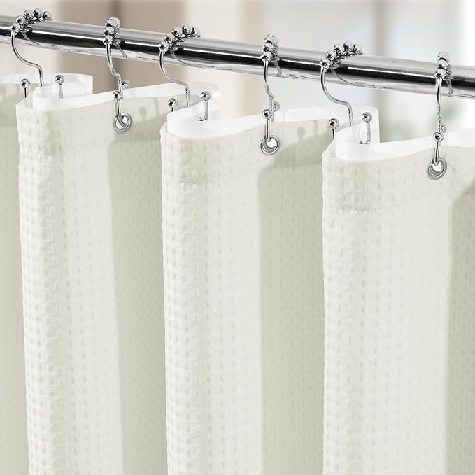 3 in 1 Shower Curtain Set, Waffle Shower Curtain and Liner Set with 12 Double Sided Shower Curtain Hooks, 258GSM Luxury Weighted Cloth Shower Curtains for Bathroom, 72 W x 72 H, Cream