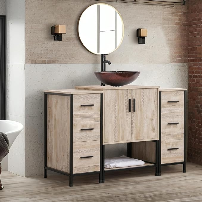 UEV Rustic 48" Bathroom Vanity,Oak Color Bathroom Vanity Set with Sink and 3 Drawers Side Cabinet Combo,with Adjustable Water Temperature Faucet (A09-New)