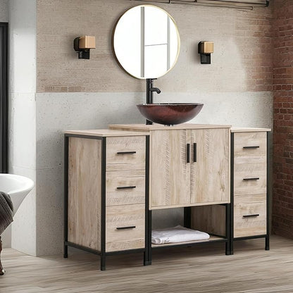 UEV Rustic 48" Bathroom Vanity,Oak Color Bathroom Vanity Set with Sink and 3 Drawers Side Cabinet Combo,with Adjustable Water Temperature Faucet (A09-New)