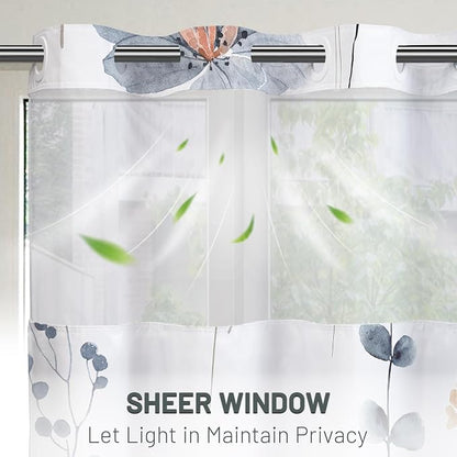 No Hook Floral Shower Curtain with Liner, Blue Beige, 71x86 | Snap in Liner, 3 in 1, Water Repellent, Easy Install, Machine Washable, Hotel Style for Bathroom, Watercolor Pattern