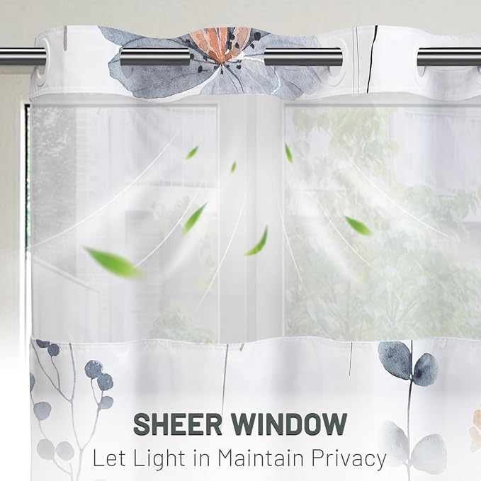 No Hook Floral Shower Curtain with Liner, Blue Beige, 54x80 | Snap in Liner, 3 in 1, Water Repellent, Easy Install, Machine Washable, Hotel Style for Bathroom, Watercolor Pattern