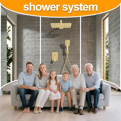 Shower System Modern Rain Brass Faucet Set With Valve and Diverter Shower Mixer With Handheld High Pressure Square Rainfall Shower Valve (12'' Wall Mount, Brushed Gold)