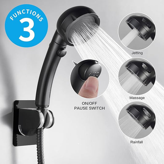 RV & Camper High Pressure Handheld Shower Head with Pause Button | 3 Spray Modes with ON/OFF Switch, Detachable Dog Shower Attachment, Pet Shower Wand with Bracket & Hose, Matte Black
