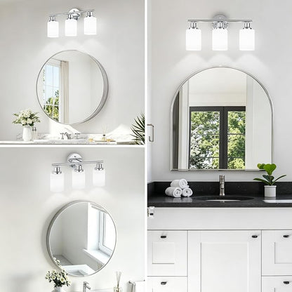 3-Light Chrome Vanity Lights for Mirror, Bathroom Light Fixtures with Textured Milky White Glass Shade, Modern Kitchen Light Fixtures Wall Sconce Light