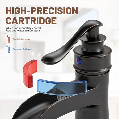 Oil Rubbed Bronze Waterfall Bathroom Faucet Single Hole Brushed Bronze Single Handle Bathroom Sink Faucets Lavatory Vanity Bath Deck Mount One Hole Mixer Tap Supply Lines Hose by Bathfinesse
