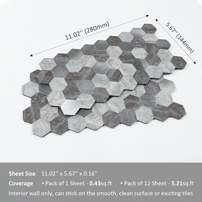 12 Sheets Peel and Stick Backsplash Tile, Hexagon Gray Stone Rock Mixed Brushed Metal Stick on Backsplash, Honeycomb Self Adhesive Mosaic Wall Tiles for Kitchen Bathroom (11.3" x 5.7")
