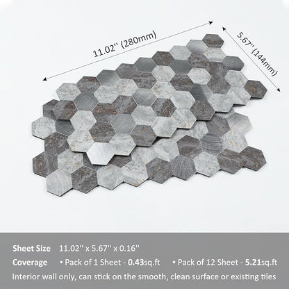 12 Sheets Peel and Stick Backsplash Tile, Hexagon Gray Stone Rock Mixed Brushed Metal Stick on Backsplash, Honeycomb Self Adhesive Mosaic Wall Tiles for Kitchen Bathroom (11.3" x 5.7")
