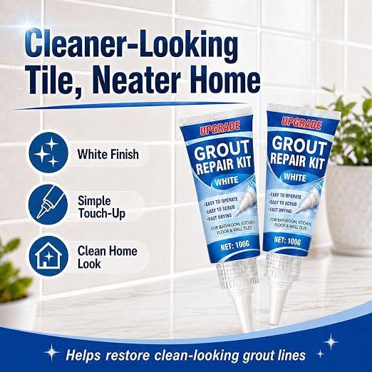 Tile Grout Repair Kit, 2 Pack Fast Drying Grout Sealer Tube | Easy DIY to Restore and Renew Tile Joints for Bathroom Shower Kitchen, Waterproof Tile Grout Paint(White), with Tools