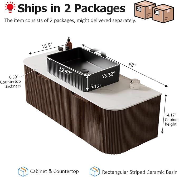 48" Floating Bathroom Vanity with Sink, Wall-Mount Cabinet with 2 Large Storage Drawer, Black Rectangular Ceramic Basins and Marble Top, Soft-Close Design, Dark Walnut