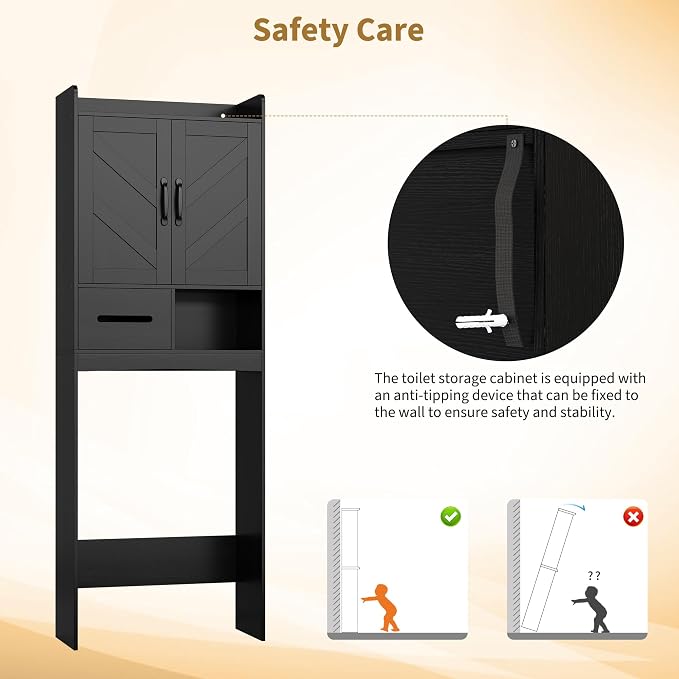 GarveeHome Over the Toilet Storage, Anti-Tip, Adjustable Shelf, Black | Bathroom Cabinet, Toilet Paper Holder, Sturdy Build, for Bathroom Restroom Laundry
