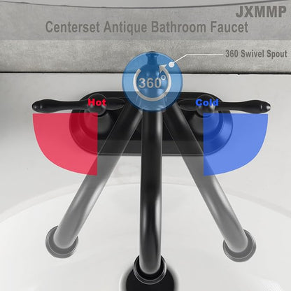 Matte Black Antique Bathroom Sink Faucet, Stainless Steel 4 inch Centerset Vanity Faucet with Drain and Supply Hose, Black Sink Faucet Bathroom 2 Hole
