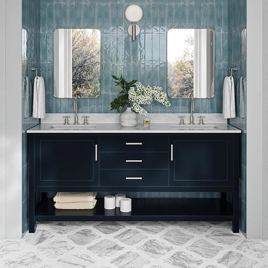 ARIEL Bayhill 72-inch Bathroom Vanity with Sink,Solid Wood, 0.75-inch Italian Carrara Marble Countertop, Double Rectangular Porcelain Sink, 2 Soft Closing Doors, 3 Dovetail Drawers, Midnight Blue