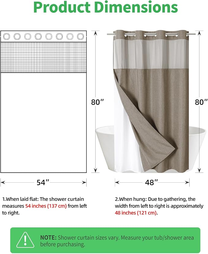 eachope No Hook Fabric Shower Curtain with Snap-in Liner,54x80 Khaki/Tan | Linen Texture,230GSM Thick Fabric,Hotel Luxury Decor,Mesh Window,Waterproof & Machine Washable,for Shower Stall or Bathroom