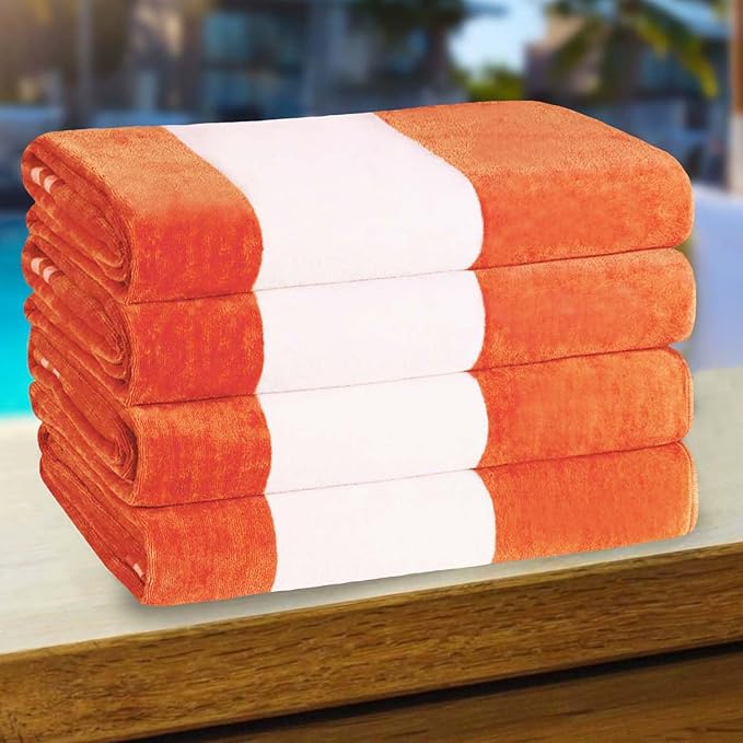 Superior Cotton Striped Beach Towels, Colorful Towels for Adult, Kid, Pool, Swimming, Sand, Travel, Large Oversized, Absorbent, Fast Drying, Bath Basics, Cabana Collection, Set of 4, Orange