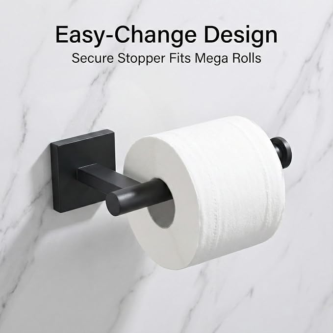 16 in 5-Piece Bathroom Hardware Set, Matte Black | SUS304 stainless steel, towel bar, towel ring, toilet paper holder, 2 robe hooks, hidden screw mount