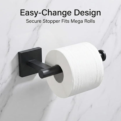 16 in 5-Piece Bathroom Hardware Set, Matte Black | SUS304 stainless steel, towel bar, towel ring, toilet paper holder, 2 robe hooks, hidden screw mount