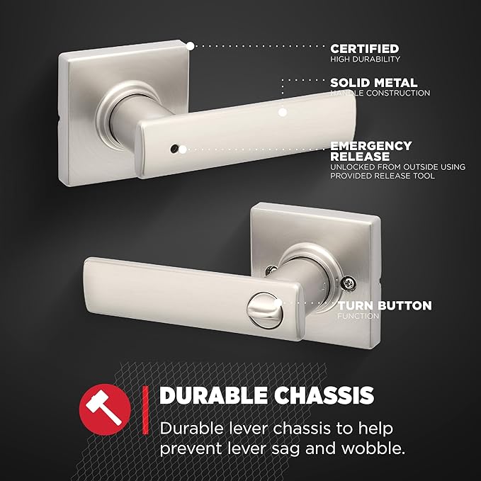 Kwikset Breton Interior Privacy Door Handle with Lock, Door Lever For Bathroom and Bedroom, Satin Nickel Reversible Keyless Turn Lock, with Microban Protection