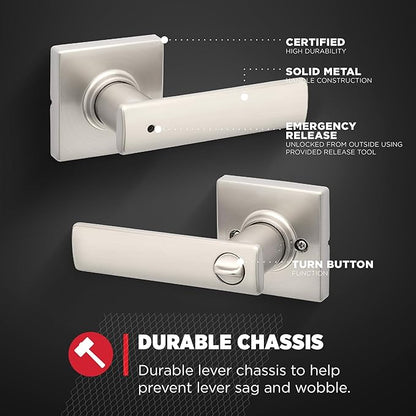 Kwikset Breton Interior Privacy Door Handle with Lock, Door Lever For Bathroom and Bedroom, Satin Nickel Reversible Keyless Turn Lock, with Microban Protection