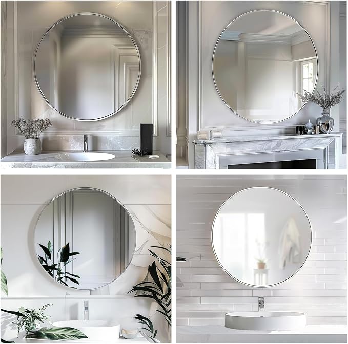 18 inch Round Mirror, Round Wall Mirror, Brushed Silver Metal Frame | Durable, Rust-resistant, High Definition Mirror, Easy Installation, Suitable for Vanity, Nursery, Bedroom, Bathroom