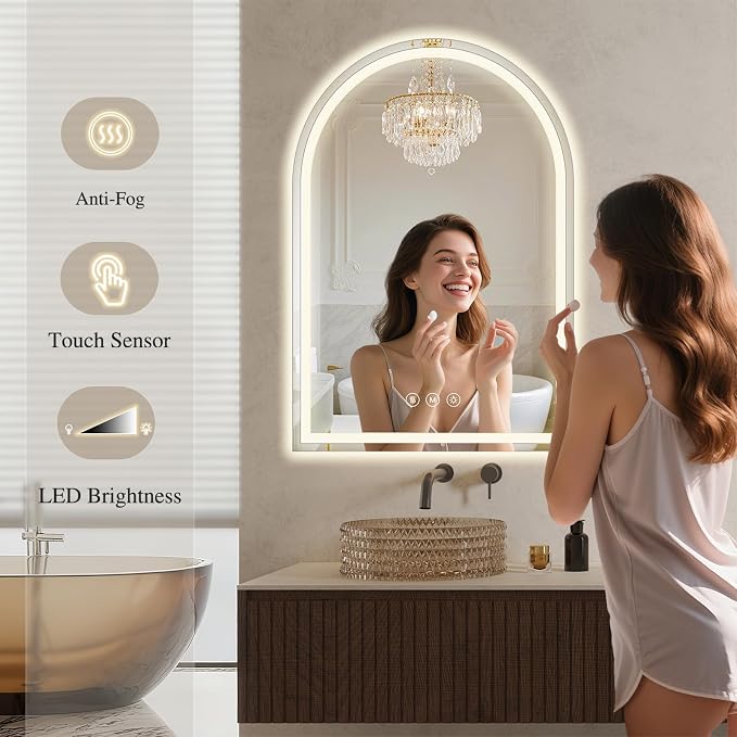Arched LED Bathroom Mirrors with Lights 24"x40", Anti-Fog, Anti-Fog, Dimmable, Shatterproof, Touch Sensor