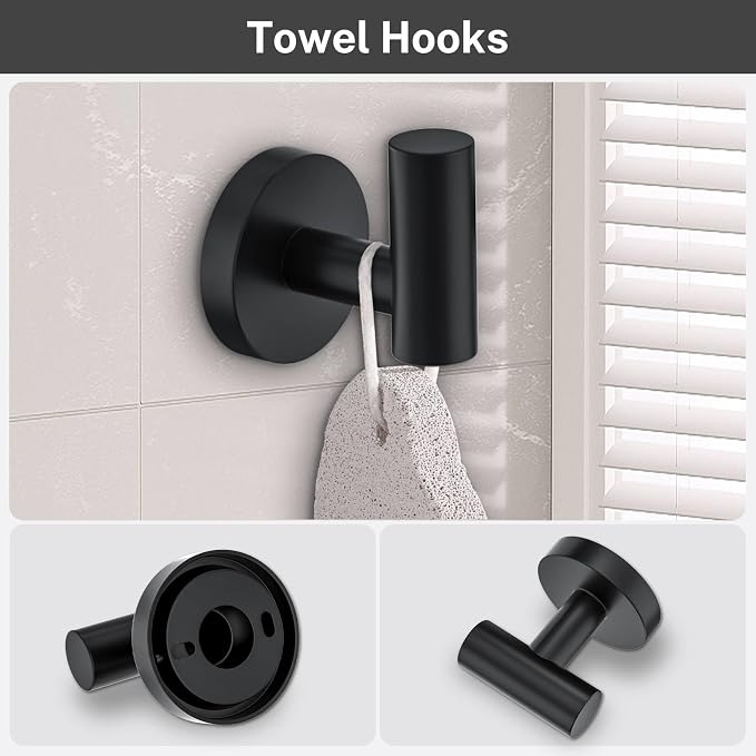 Matte Black Towel Bar Set 5 Pieces Bathroom Hardware Accessories Set Round Towel Holder Set for Bathroom Upgraded Toilet Paper Holder Stainless Steel Wall Mounted Towel Rack Set,23.6 Inch