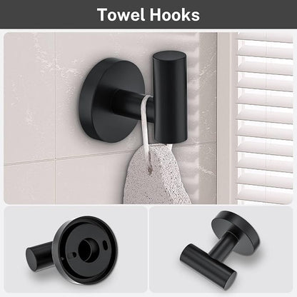 Matte Black Towel Bar Set 5 Pieces Bathroom Hardware Accessories Set Round Towel Holder Set for Bathroom Upgraded Toilet Paper Holder Stainless Steel Wall Mounted Towel Rack Set,23.6 Inch